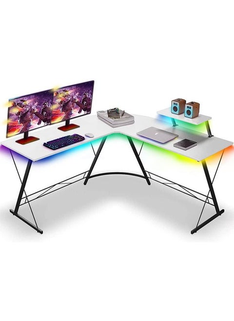 Gaming Desk with LED Strip,Home Office Gaming Desk with Monitor Stand, Ergonomic Gamer Table White