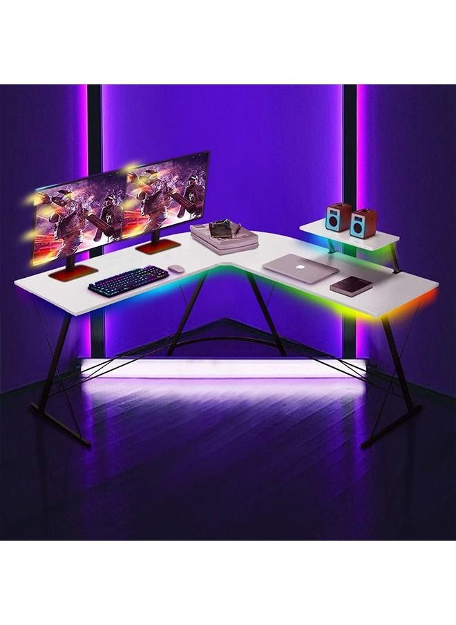 Gaming Desk with LED Strip,Home Office Gaming Desk with Monitor Stand, Ergonomic Gamer Table White