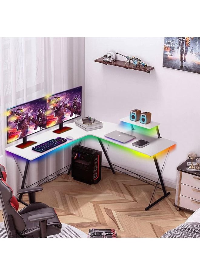 Gaming Desk with LED Strip,Home Office Gaming Desk with Monitor Stand, Ergonomic Gamer Table White