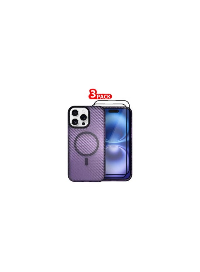 CATANES (for iPhone 16 Pro Max) 3Packs Magsafe Case Cover Carbon Fiber Magnetic Strong Shockproof Protective Slim Thin Cover Transparent Matte - Purple Color - Image 1