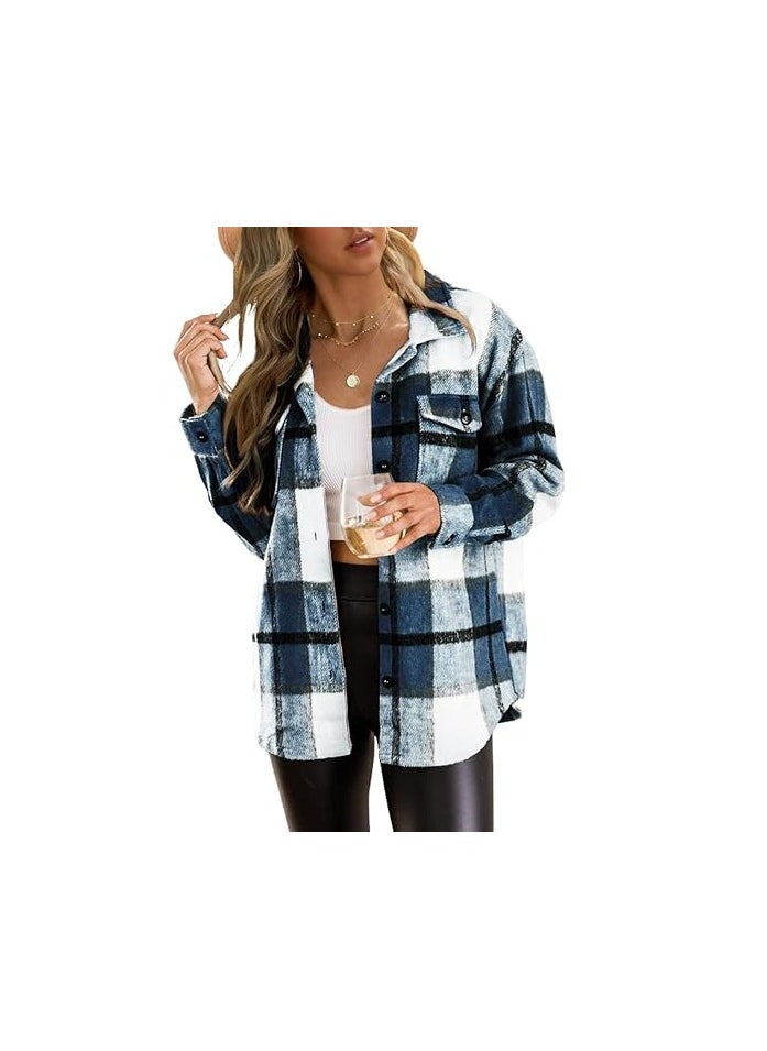 Generic - Womens  Shacket Jacket Casual Plaid Wool Blend Button Down Long Sleeve Shirt Fall Clothes Outfits - Image 1