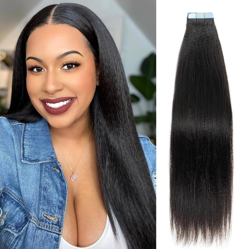 18 Inch Tape in Hair Extensions Real Human Hair Light Yaki Straight Tape ins for Black Girls Women add Hair Length &Volume Invisible Seamless Skin Weft Thick Soft #Natural Black 40g 20pcs/Pack