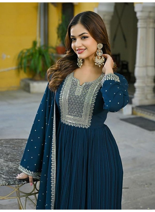 Vaamsi Women's Georgette Yoke Design Solid Anarkali Kurta With Dupatta Set (VKSET1473_M_Teal Blue_M) - Image 2