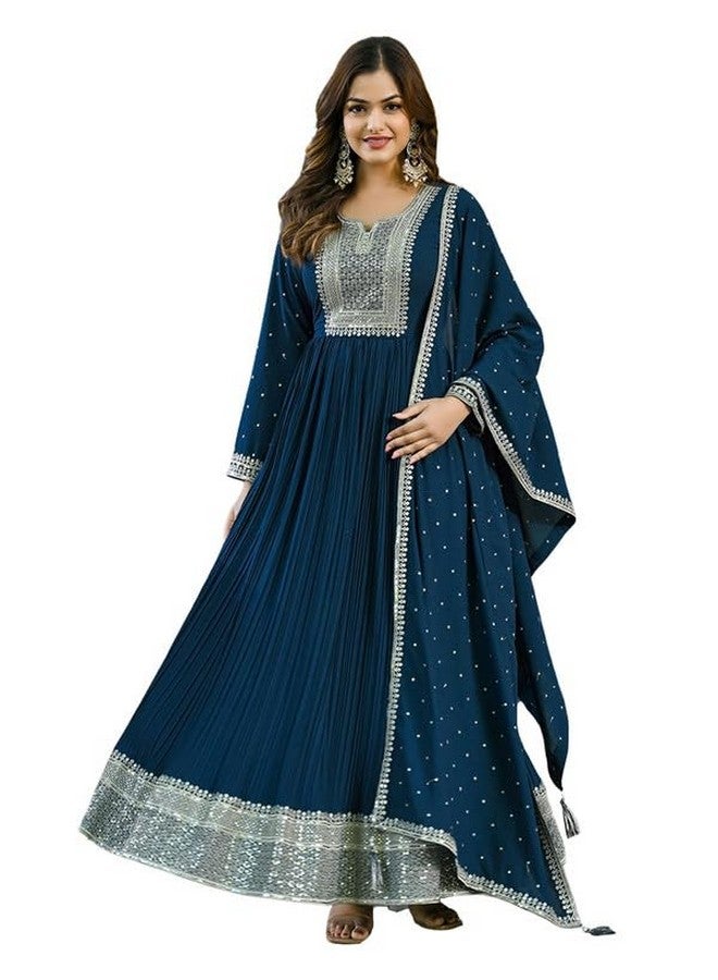 Vaamsi Women's Georgette Yoke Design Solid Anarkali Kurta With Dupatta Set (VKSET1473_M_Teal Blue_M) - Image 1