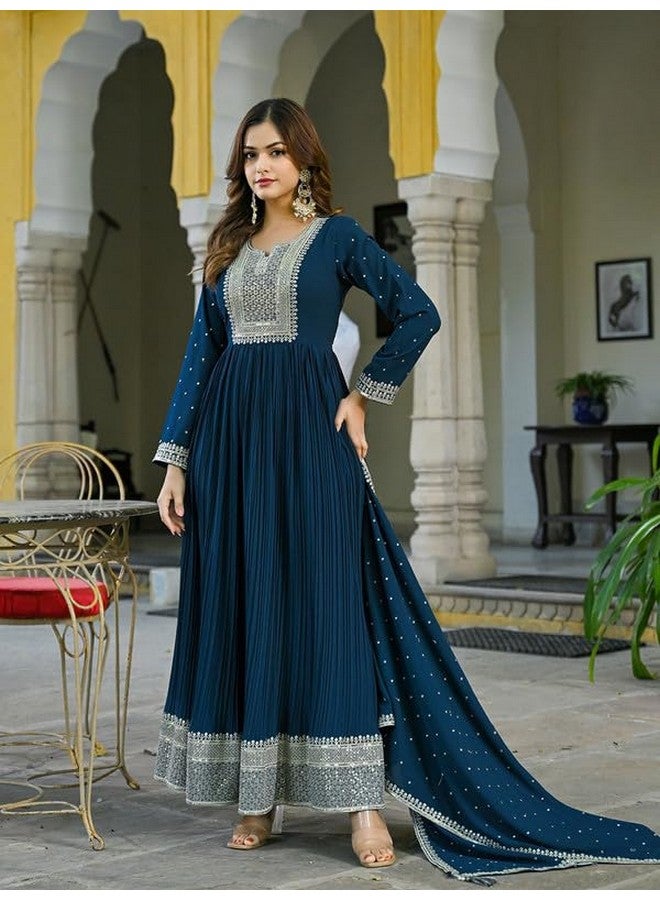 Vaamsi Women's Georgette Yoke Design Solid Anarkali Kurta With Dupatta Set (VKSET1473_M_Teal Blue_M) - Image 5