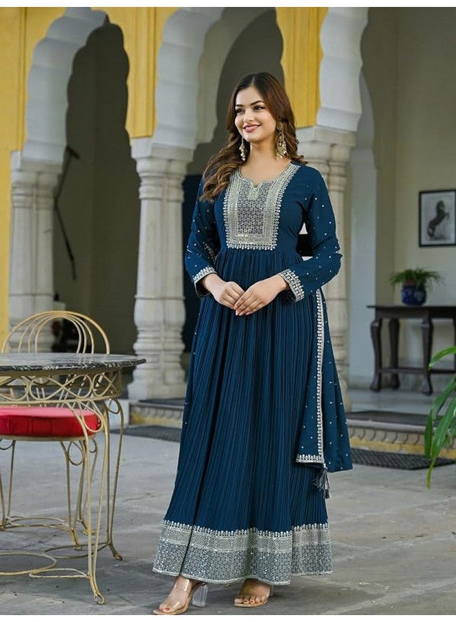Vaamsi Women's Georgette Yoke Design Solid Anarkali Kurta With Dupatta Set (VKSET1473_M_Teal Blue_M) - Image 4
