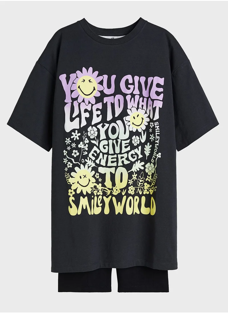 H&M Kids Crew Neck Graphic T-Shirt & Shorts Set