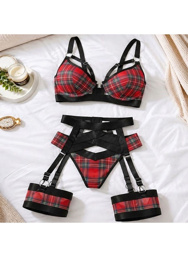 MARGOUN Women's 4-Piece Strappy Lingerie Set with Garter Belt, Underwire Strappy Bra, Cutout High-Waisted Cincher, Thong, and Thigh-High Stockings Exotic Underwear Ensemble - Red Plaid - Image 4