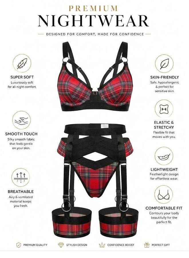 MARGOUN Women's 4-Piece Strappy Lingerie Set with Garter Belt, Underwire Strappy Bra, Cutout High-Waisted Cincher, Thong, and Thigh-High Stockings Exotic Underwear Ensemble - Red Plaid - Image 2