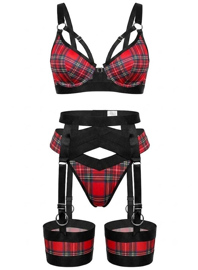 MARGOUN Women's 4-Piece Strappy Lingerie Set with Garter Belt, Underwire Strappy Bra, Cutout High-Waisted Cincher, Thong, and Thigh-High Stockings Exotic Underwear Ensemble - Red Plaid - Image 3