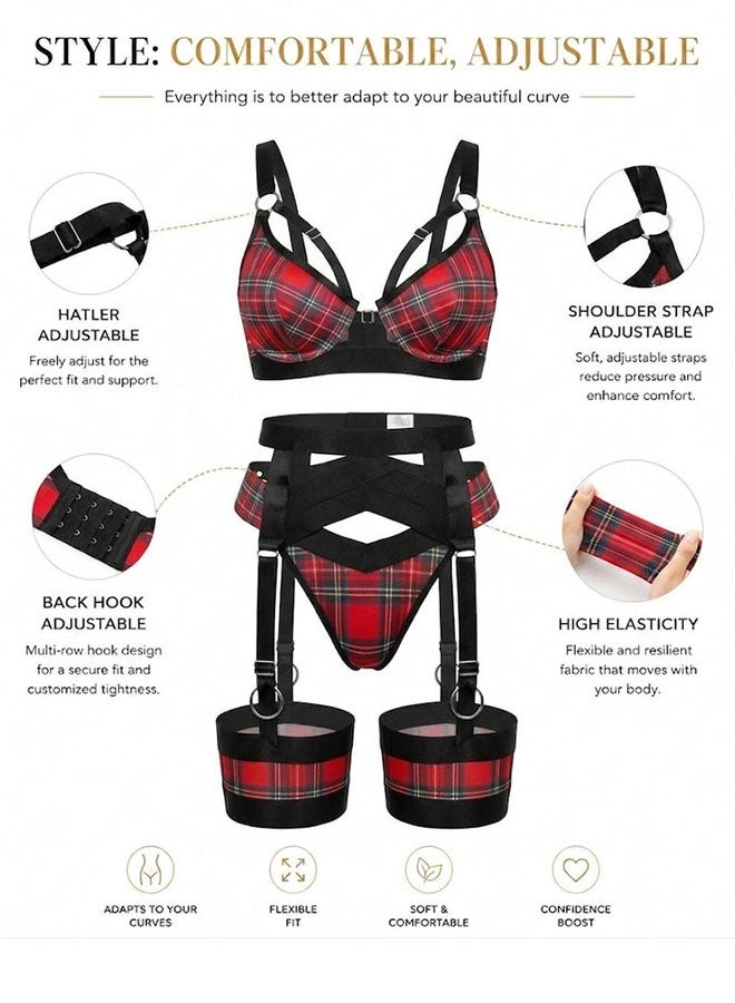 MARGOUN Women's 4-Piece Strappy Lingerie Set with Garter Belt, Underwire Strappy Bra, Cutout High-Waisted Cincher, Thong, and Thigh-High Stockings Exotic Underwear Ensemble - Red Plaid - Image 5