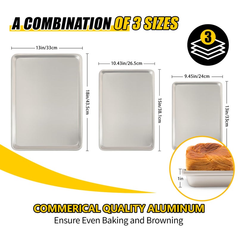 Umite Chef Baking Sheet Pan Set of 3, Commercial Quality Aluminum Cookie Sheets for Oven, Umite Chef Warp Resistant Baker's Half/Quarter/Jelly Roll Pans, Thick Cookie Tray Pans for Baking, Roasting - Image 2