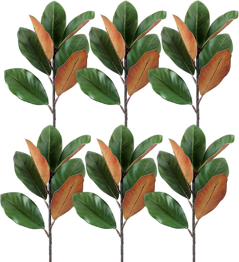 6 Pcs Fake Floral Plant, 17.7 in / 45 Cm Artificial Magnolia Branch with Realistic Touch Faux Greenery Stems, Each with 7 Magnolia Leaves, for Wedding, Home, Indoor, Outdoor Decor - Image 1