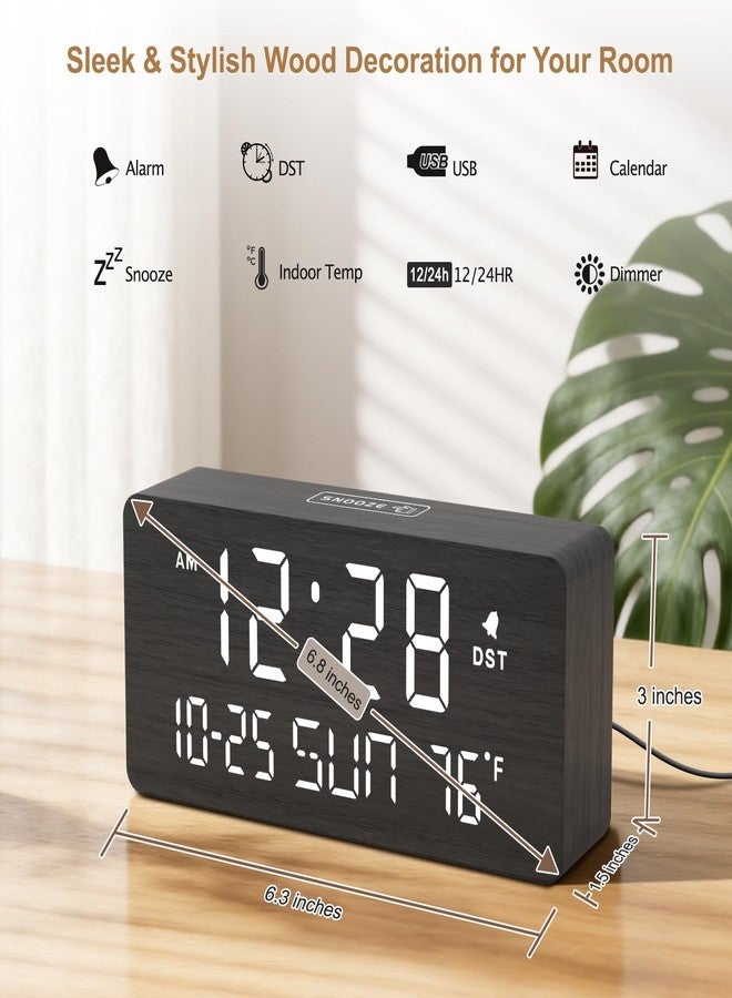 DreamSky Wooden Digital Alarm Clocks for Bedrooms - Living Room Desk Clock with Date and Day of Week, Temperature, USB Port, Dimmer Wheel, Adjustable Volume, Auto DST, Wood Decor for Office Table - Image 2