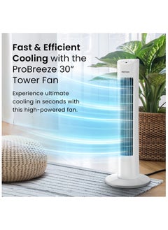 Pro Breeze Oscillating 30 Inch Tower Fan With Ultra Powerful 60W Motor Remote Control 7.5 Hour Timer And 3 Cooling Fan Modes For Home And Office 30" Tower Fan White  - Image 2
