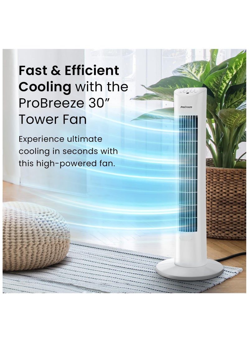 Pro Breeze - Oscillating 30 Inch Tower Fan With Ultra Powerful 60W Motor Remote Control 7.5 Hour Timer And 3 Cooling Fan Modes For Home And Office 30" Tower Fan White - Image 1