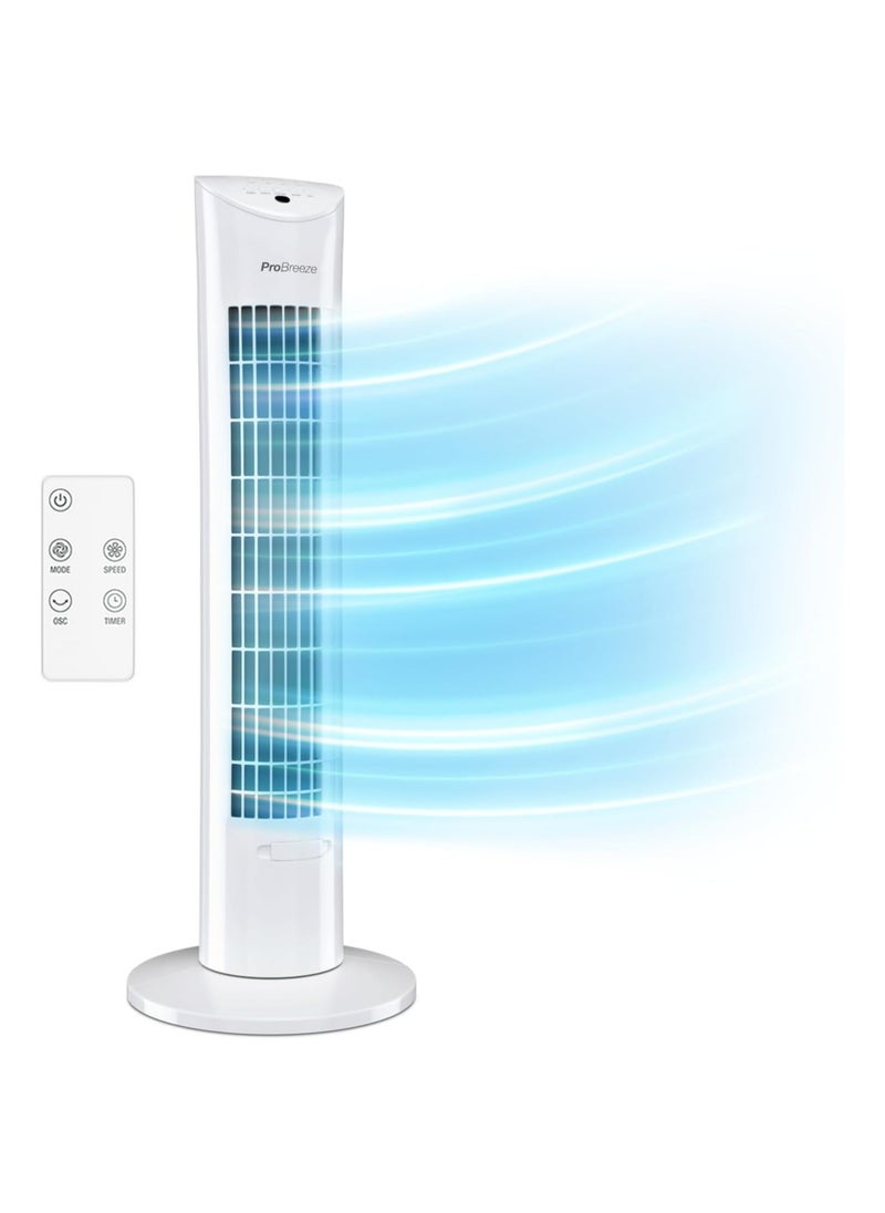 Pro Breeze - Oscillating 30 Inch Tower Fan With Ultra Powerful 60W Motor Remote Control 7.5 Hour Timer And 3 Cooling Fan Modes For Home And Office 30" Tower Fan White - Image 1