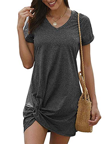 Locryz Tie Knot Dresses for Women Summer Solid Loose Mini Dress XL Dark Grey - Image 3