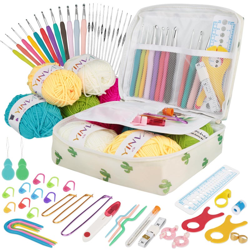 YINVA Crochet Kits Crochet Hooks Set for Beginners Adults Knitting Kit Ergonomic Metal Crochet Hooks Knitting Accessories Tools Crochet Wool Yarn Storage Case Needles Crochet Starter Kit