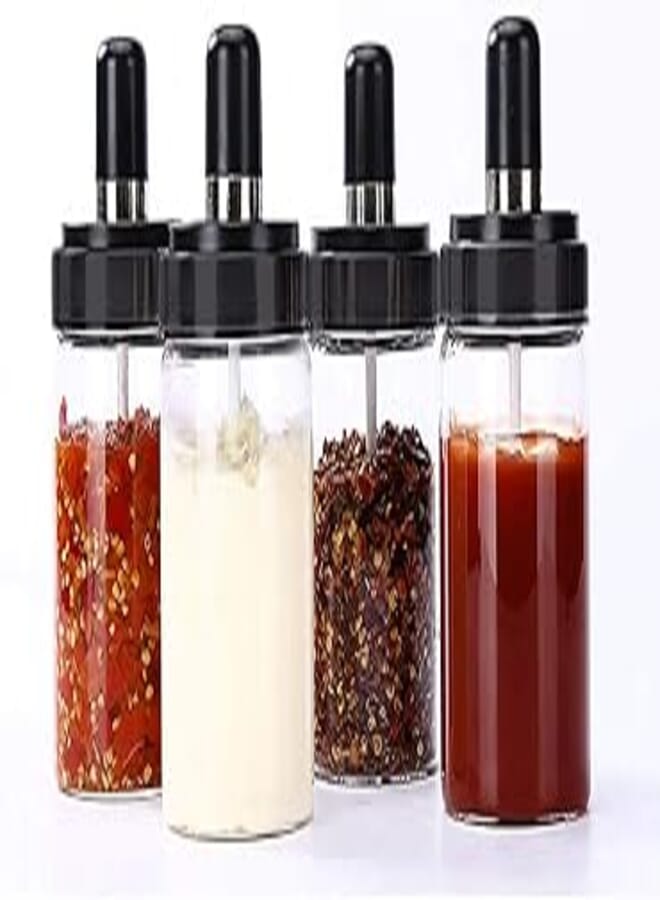 Brezzycloud 300ml Glass Seasoning Container (300Ml, 4 Pieces), Pickle Storage Jar, Oil/Honey Dispenser Bottle with Spoon, (Glass Jar with Seasoning Spoon) (Set Of 4)