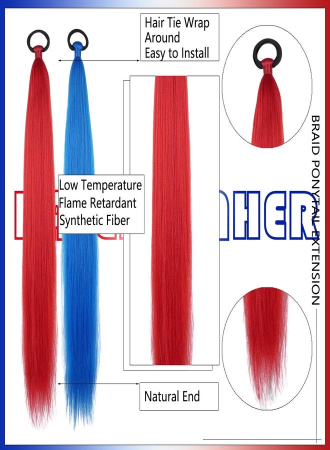 بيسماهير عبوتان من وصلات الشعر المضفرة على شكل ذيل حصان مع ربطات شعر، طولها 26 بوصة، وصلات شعر مضفرة ملونة، وصلات شعر مستقيمة أنيقة ملفوفة حول الشعر، إكسسوارات شعر (أحمر وأزرق) - Image 3