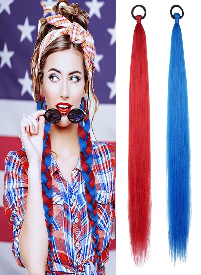 بيسماهير عبوتان من وصلات الشعر المضفرة على شكل ذيل حصان مع ربطات شعر، طولها 26 بوصة، وصلات شعر مضفرة ملونة، وصلات شعر مستقيمة أنيقة ملفوفة حول الشعر، إكسسوارات شعر (أحمر وأزرق) - Image 1