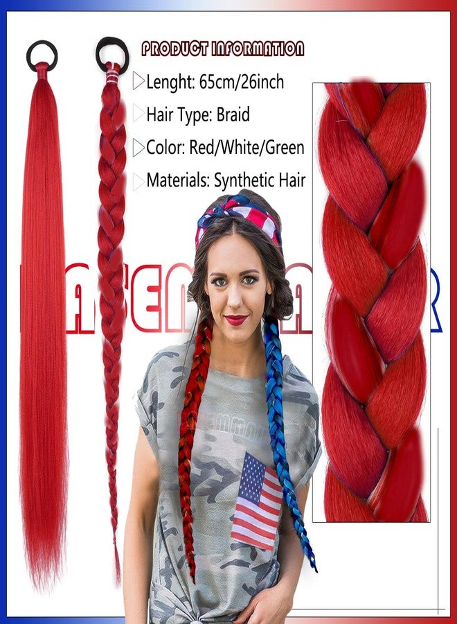 بيسماهير عبوتان من وصلات الشعر المضفرة على شكل ذيل حصان مع ربطات شعر، طولها 26 بوصة، وصلات شعر مضفرة ملونة، وصلات شعر مستقيمة أنيقة ملفوفة حول الشعر، إكسسوارات شعر (أحمر وأزرق) - Image 4