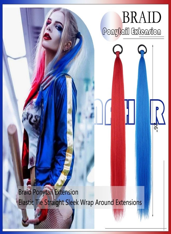 بيسماهير عبوتان من وصلات الشعر المضفرة على شكل ذيل حصان مع ربطات شعر، طولها 26 بوصة، وصلات شعر مضفرة ملونة، وصلات شعر مستقيمة أنيقة ملفوفة حول الشعر، إكسسوارات شعر (أحمر وأزرق) - Image 2