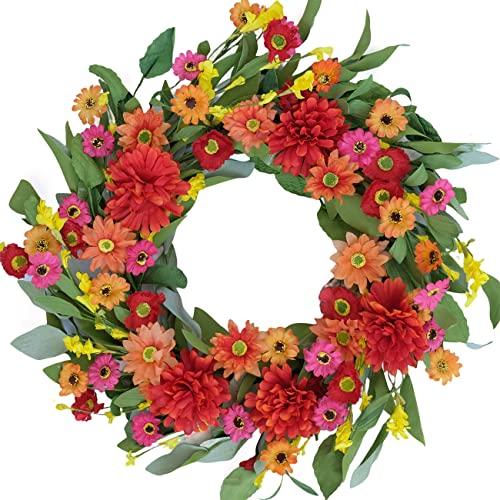 Idyllic 18 Inches Bright Floral Wreath- Artificial Colorful Daisy and Green Leaves Wreath for Summer Indoor Decor - Image 1