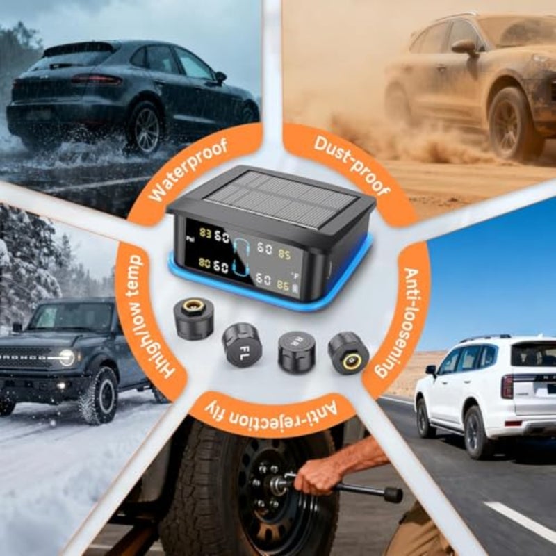 Tire Pressure Monitoring System, Real-time Solar Wireless TPMS with 4 Tire Pressure Sensor and 6 Alarm Modes, Digital LCD Display, Auto Security Alarm for RV SUV MPV Truck Sedan - Image 3