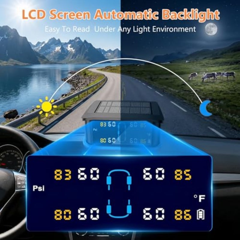 Tire Pressure Monitoring System, Real-time Solar Wireless TPMS with 4 Tire Pressure Sensor and 6 Alarm Modes, Digital LCD Display, Auto Security Alarm for RV SUV MPV Truck Sedan - Image 4
