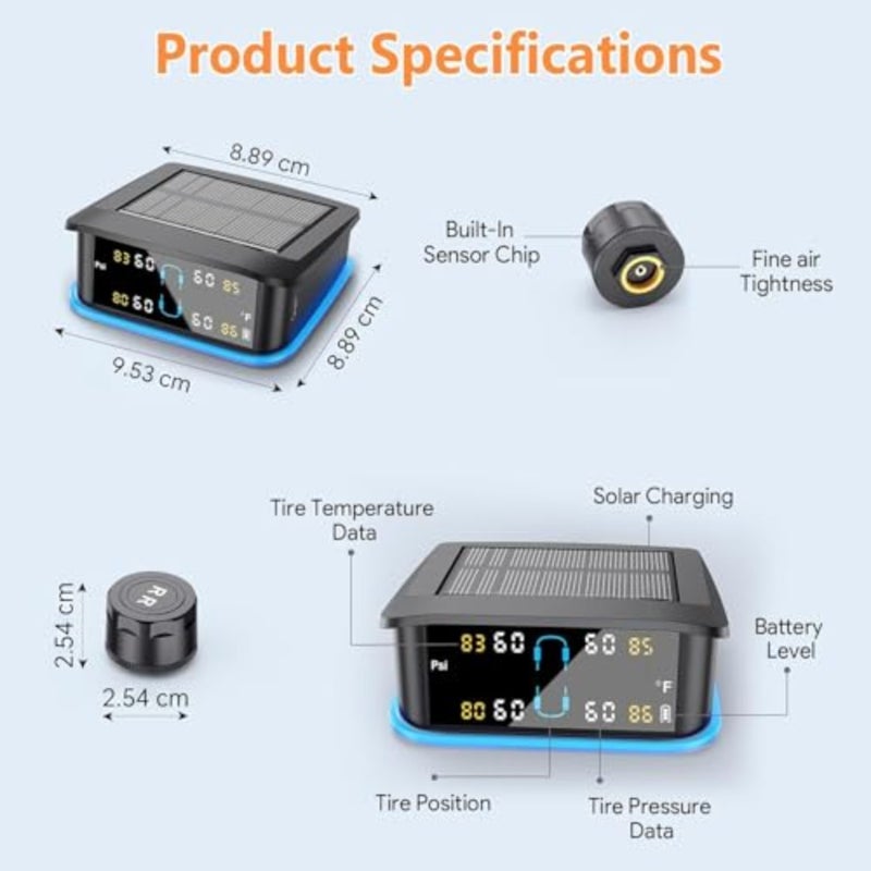Tire Pressure Monitoring System, Real-time Solar Wireless TPMS with 4 Tire Pressure Sensor and 6 Alarm Modes, Digital LCD Display, Auto Security Alarm for RV SUV MPV Truck Sedan - Image 5