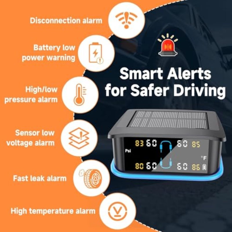 Tire Pressure Monitoring System, Real-time Solar Wireless TPMS with 4 Tire Pressure Sensor and 6 Alarm Modes, Digital LCD Display, Auto Security Alarm for RV SUV MPV Truck Sedan - Image 2