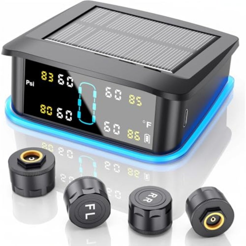 Tire Pressure Monitoring System, Real-time Solar Wireless TPMS with 4 Tire Pressure Sensor and 6 Alarm Modes, Digital LCD Display, Auto Security Alarm for RV SUV MPV Truck Sedan - Image 1