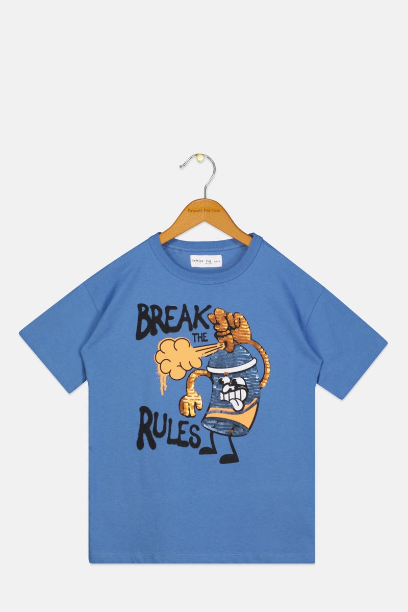 Lefties Kids Boy Crew Neck Short Sleeves Sequins T-Shirt, Slate Blue  - Image 1