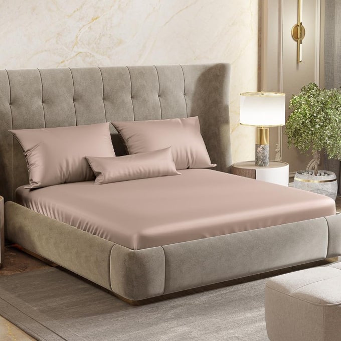 HAUS KINDER PREMIUM SATIN ROYALE GOLDEN SAND BEDSHEETS KING ELASTIC FITTED BEDSHEET WITH 2 PILLOW COVER SET 300TC FOR SUMMERSWINTER GIFT FOR COUPLES ROMANTIC DATES WEDDING