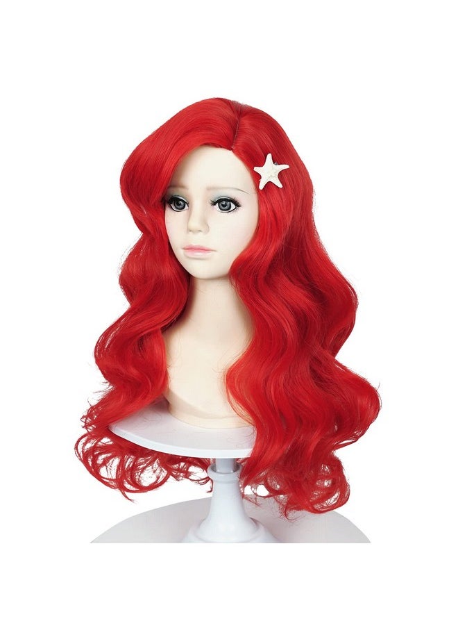 Probeauty Probeauty Red Mermaid Wigs for Kids Girls, 21inch Red Wig Curly Wave Wig with Starfish Hair Clips for Halloween Costume  - Image 1