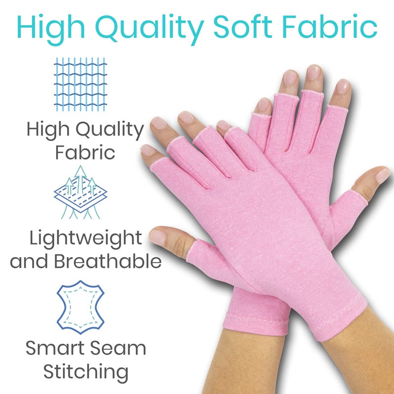 Vive Pink Arthritis Hand Compression Gloves - Comfortable Fit for Men and Women - Open Finger for Rheumatoid, Osteoarthritis and Computer Typing Pain - Carpal Tunnel Support - Moisture Wicking Fabric - Image 3