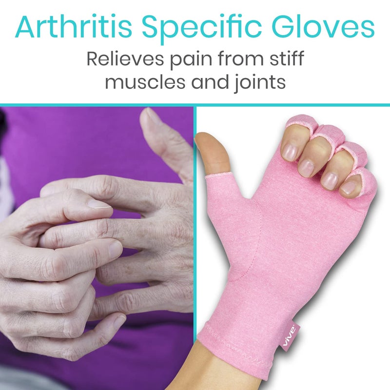 Vive Pink Arthritis Hand Compression Gloves - Comfortable Fit for Men and Women - Open Finger for Rheumatoid, Osteoarthritis and Computer Typing Pain - Carpal Tunnel Support - Moisture Wicking Fabric - Image 2