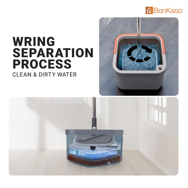 BonKaso 360 Spin Mop with Square Bucket Deluxe System Set and Reusable Microfiber Pads for Wet Dry Glass Wall Tile and Home Floor Cleaning Grey and Orange - Image 4