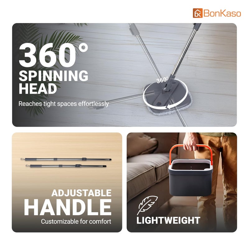 BonKaso 360 Spin Mop with Square Bucket Deluxe System Set and Reusable Microfiber Pads for Wet Dry Glass Wall Tile and Home Floor Cleaning Grey and Orange - Image 2