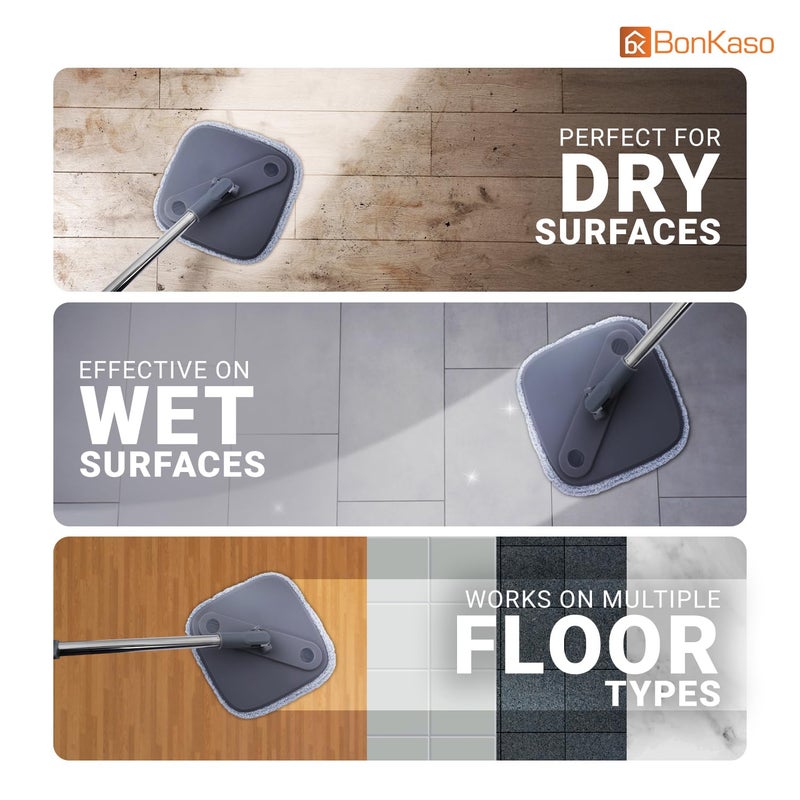 BonKaso 360 Spin Mop with Square Bucket Deluxe System Set and Reusable Microfiber Pads for Wet Dry Glass Wall Tile and Home Floor Cleaning Grey and Orange - Image 3