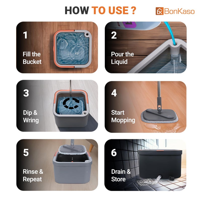 BonKaso 360 Spin Mop with Square Bucket Deluxe System Set and Reusable Microfiber Pads for Wet Dry Glass Wall Tile and Home Floor Cleaning Grey and Orange - Image 5