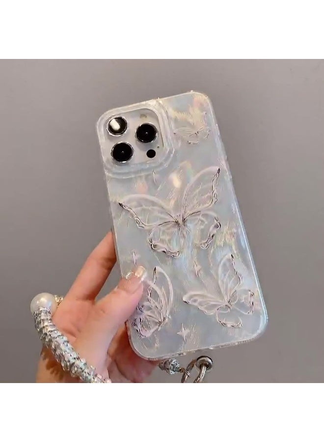 NIBEMINENT Laser Shell Pattern Protective TPU Case Cover For iPhone 16 Pro Max, Silver Butterfly With Double Pearl Diamond Chain - Image 2