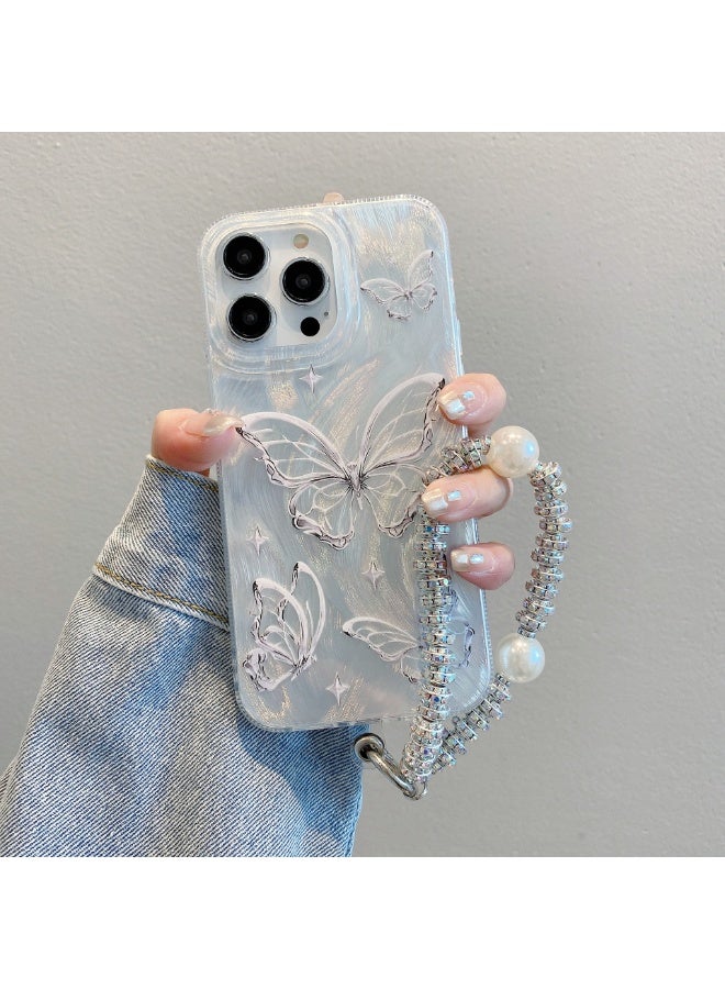 NIBEMINENT Laser Shell Pattern Protective TPU Case Cover For iPhone 16 Pro Max, Silver Butterfly With Double Pearl Diamond Chain - Image 1