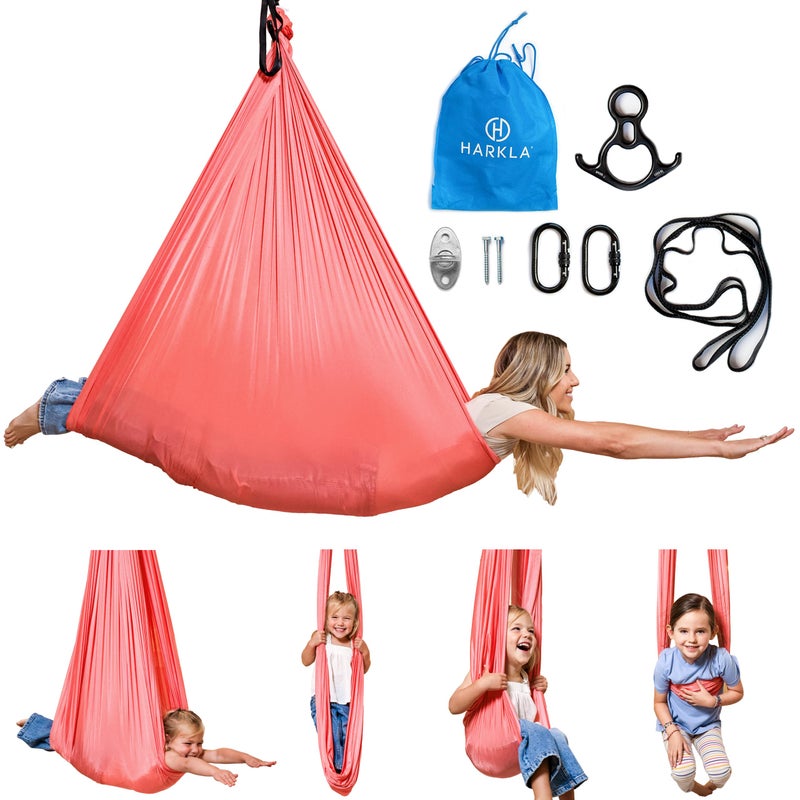 Harkla Sensory Swing for Kids Adults Holds 300lbs Indoor Outdoor Sensory Swing for Hug Like Calming Effect Durable Soft Stretch Fabric and Heavy Duty Hardware Pink 100 Swing No Swivel - Image 2