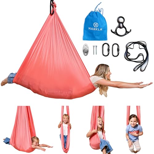 Harkla Sensory Swing for Kids Adults Holds 300lbs Indoor Outdoor Sensory Swing for Hug Like Calming Effect Durable Soft Stretch Fabric and Heavy Duty Hardware Pink 100 Swing No Swivel - Image 1