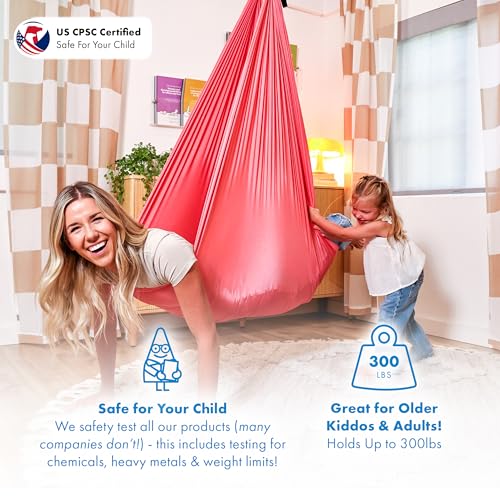 Harkla Sensory Swing for Kids Adults Holds 300lbs Indoor Outdoor Sensory Swing for Hug Like Calming Effect Durable Soft Stretch Fabric and Heavy Duty Hardware Pink 100 Swing No Swivel - Image 3