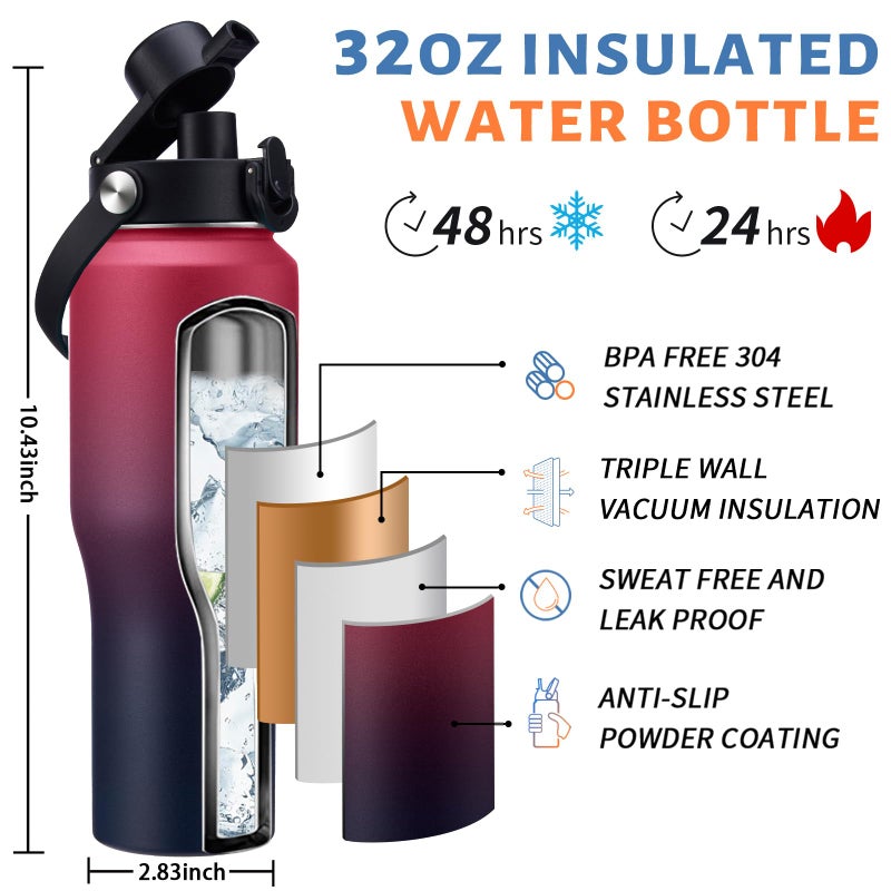 RRYFOUR 32/40 oz Insulated Water Bottle with straw Fit in any Car Cup Holder, Keep Cold 48H Hot 24Hï¼ŒStainless Steel Water Bottle with Spout lid, Carrier Bag, Paracord Handle for Gym, Workout & Beach - Image 3