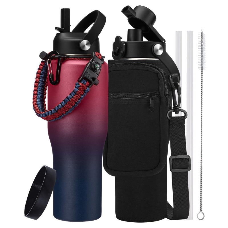 RRYFOUR 32/40 oz Insulated Water Bottle with straw Fit in any Car Cup Holder, Keep Cold 48H Hot 24Hï¼ŒStainless Steel Water Bottle with Spout lid, Carrier Bag, Paracord Handle for Gym, Workout & Beach - Image 1